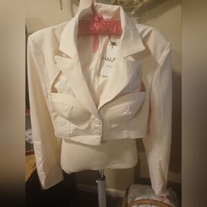NWT Women's Cream Cropped Cut Out Corset Blazer Size Large